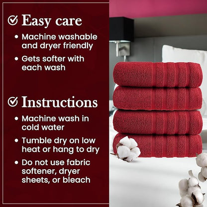 HALLEY Turkish 4 Pack Premium Bath Towels (4 Pieces) 650 GSM Highly Absorbent Super Soft 100% Cotton - 4 Bath Towels (Red)