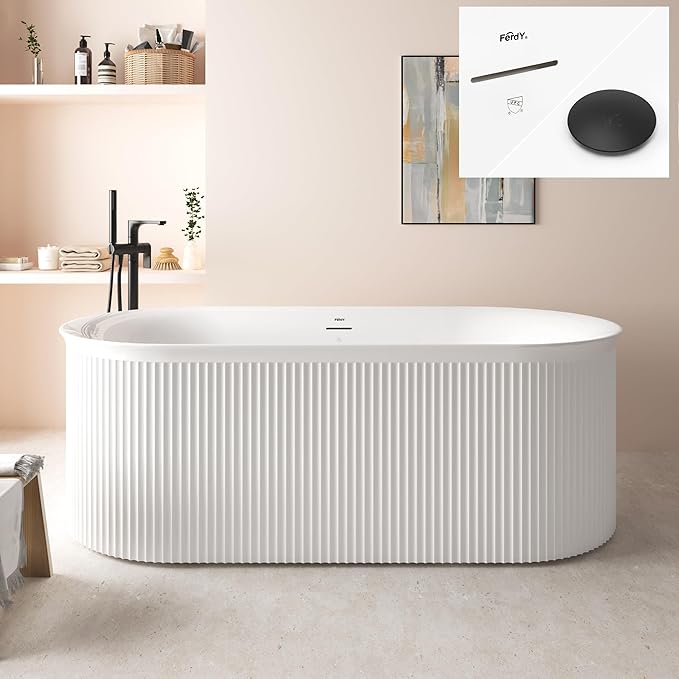 FerdY Nami 67" Acrylic Freestanding Bathtub, V Shape Freestanding Soaking Acrylic Bathtub, Modern White, cUPC Certified, Matte Black Pop-Up Drain
