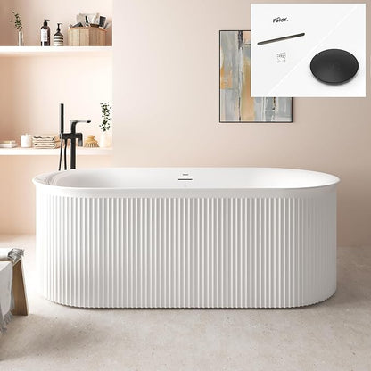 FerdY Nami 67" Acrylic Freestanding Bathtub, V Shape Freestanding Soaking Acrylic Bathtub, Modern White, cUPC Certified, Matte Black Pop-Up Drain
