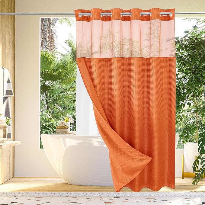 Gibelle No Hook Waffle Weave Shower Curtain with Snap-in Fabric Liner Set for Bathroom, Hotel Style with Mesh Top Window, Waterproof & Washable, Burnt Orange, 72x74