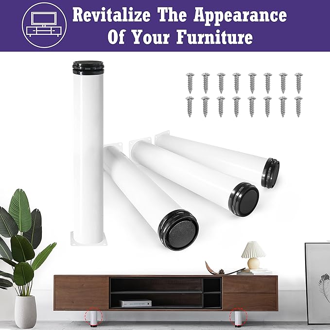 14 Inch Metal Furniture Legs - Stainless Steel, Adjustable, White, Round Cabinet Legs for Coffee Table, Cabinet, Desk, Sofa, Shelves - Pack of 4