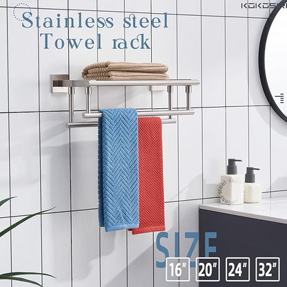 KOKOSIRI Towel Shelf with Double Towel Bars 16 Inches Bathroom Towel Rack Towel Holder Wall Mounted Stainless Steel, Brushed Nickel, B6005BR-L16