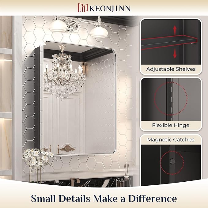 Keonjinn 24 x 32 Inch Chrome Recessed Medicine Cabinets, Bathroom Mirrored Medicine Cabinet, Silver Stainless Steel Framed, Adjustable Shelves, in Wall or Surface Mount, Sturdy & Heavy, Farmhouse