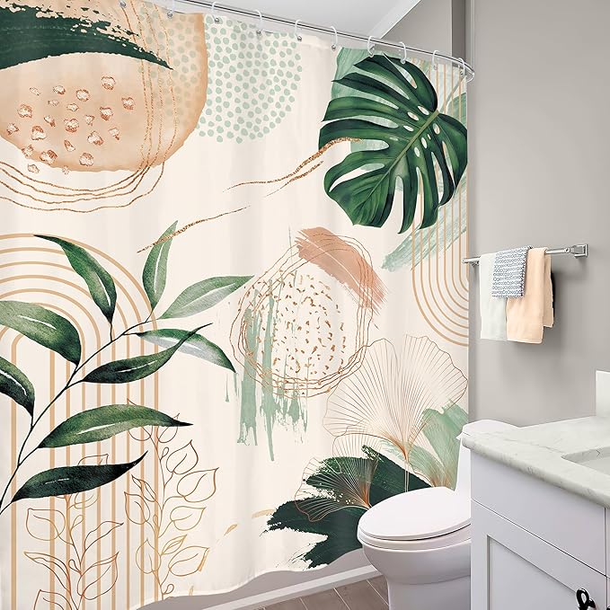 Boho Shower Curtain 72Wx84H Extra Long Bohemian Modern Mid Century Abstract Sage Green Tropical Palm Leaves Plant Bathroom Decor Minimalist Geometric Bath Curtain Fabric Polyester 12 Pack Hooks