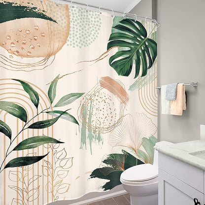 Boho Shower Curtain 72Wx84H Extra Long Bohemian Modern Mid Century Abstract Sage Green Tropical Palm Leaves Plant Bathroom Decor Minimalist Geometric Bath Curtain Fabric Polyester 12 Pack Hooks