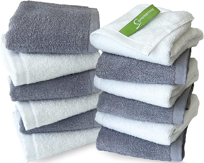 12 Pack Washcloths 13" x 13" - Soft Wash Cloths for Your Face Towel, Wash Cloths for Your Body (White + Gray)