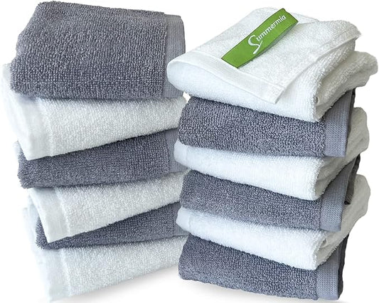 12 Pack Washcloths 13" x 13" - Soft Wash Cloths for Your Face Towel, Wash Cloths for Your Body (White + Gray)