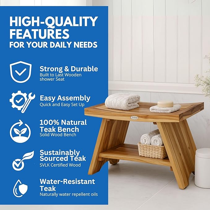 EcoDecors 30 Inch Serenity Teak Shower Bench – Waterproof Bathroom Seat with Large Storage Shelf For Adults & Seniors | Spa-Style Teak Wood Stool with Non-Slip Feet, Elegant Finish, 300 Pound Capacity