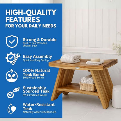 EcoDecors 30 Inch Serenity Teak Shower Bench – Waterproof Bathroom Seat with Large Storage Shelf For Adults & Seniors | Spa-Style Teak Wood Stool with Non-Slip Feet, Elegant Finish, 300 Pound Capacity