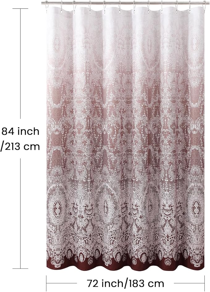 Extra Long Shower Curtain - Chantilly Lace Design, Heavyweight Polyester, Burgundy to White Ombre, 72" W x 84" H