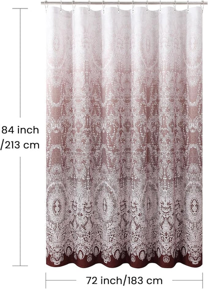 Extra Long Shower Curtain - Chantilly Lace Design, Heavyweight Polyester, Burgundy to White Ombre, 72" W x 84" H