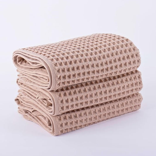 PÜSKÜL Waffle Kitchen & Hand Towel Organic 100% Turkish Cotton Set of 3 Beige - Premium Quality, Soft, Quick-Dry, Absorbent, Lint-Free Waffle Weave Towels 32X16 Inches (3, Beige)
