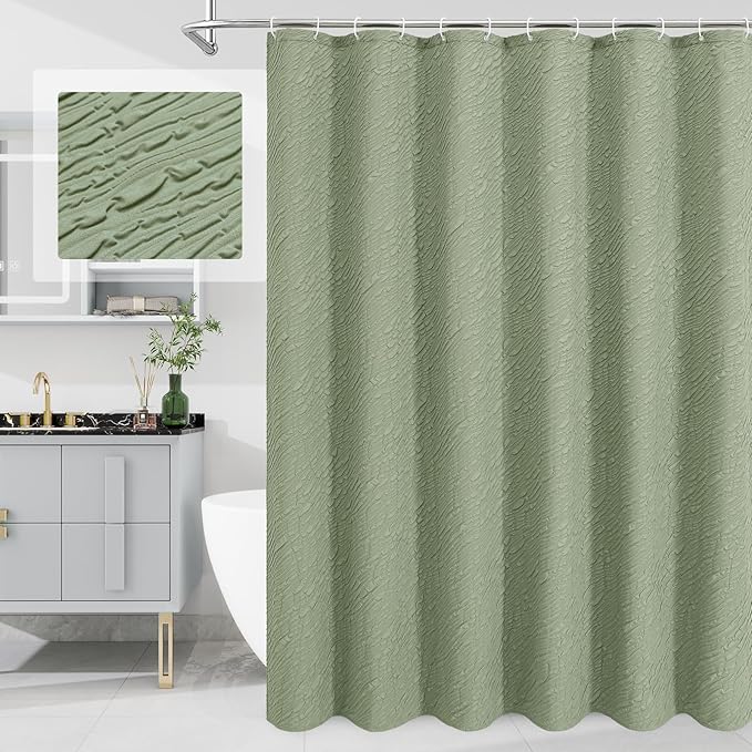 MitoVilla Sage Green Shower Curtain, Farmhouse Waves Fabric Shower Curtains for Modern Hotel Bathroom Decor, 3D Geometric Embossed Textured, Waterproof & Wrinkle Resistant, 72 x 72