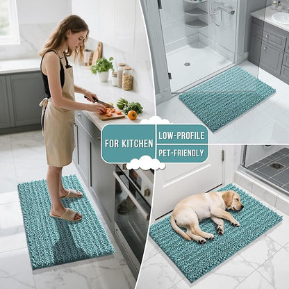 Yimobra Bathroom Rugs Non Slip Washable 24x17 Inch - Ultra Soft Absorbent Chenille Bath Mat, Quick Dry Shaggy Floor Carpet for Tub Shower, Teal Blue Home Decor Accessories