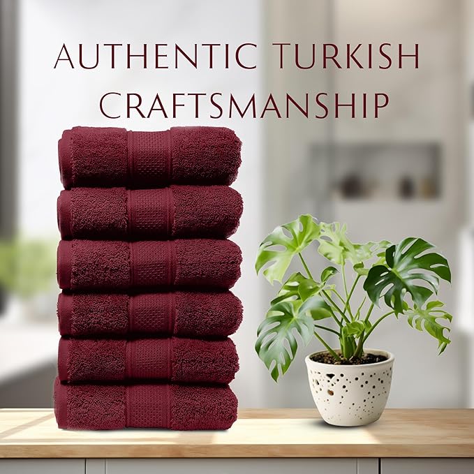 MAURA Wine Red Hand Towels for Bathroom. Luxury Turkish Cotton Bath Hand Towels Set of 6. Ultra-Soft, Thick & Plush - Burgundy