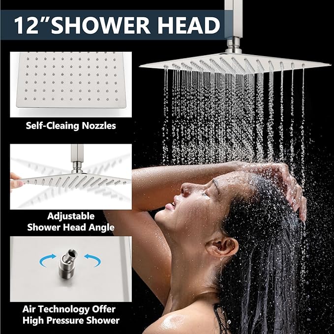 Aolemi Shower Faucet Set Ceiling Mount Shower System Rough-in Valve and Shower Trim Kit 12 and 6 Inch Dual Shower Head 2 in 1 Handheld Spray Push Button Diverter Brushed Nickel