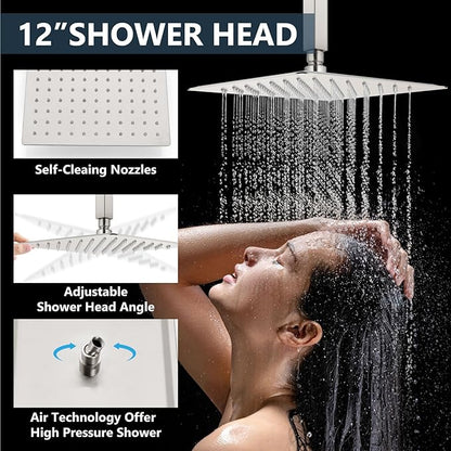Aolemi Shower Faucet Set Ceiling Mount Shower System Rough-in Valve and Shower Trim Kit 12 and 6 Inch Dual Shower Head 2 in 1 Handheld Spray Push Button Diverter Brushed Nickel