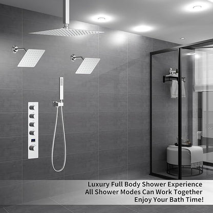 Polished Chrome Shower System with 12 inch Ceiling Mounted Shower Head and Dual 8 inch Wall Mounted Shower Head, Digital Display Shower Faucet Set with Handheld Spray
