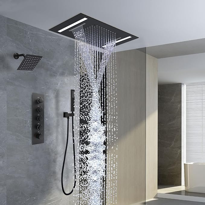 Dual Rain Shower Head Thermostatic Luxury Spa Shower System And Ceiling Mount 14x20 Inch LED 4 Functions with 6 Inch Wall Head Shower Faucet Set,Matte Black