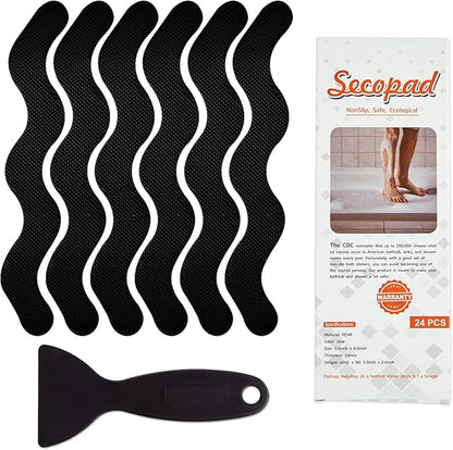 Anti Slip Shower Stickers, Adhesive Decals Safety Strips Scraper for Bath Tub, Shower, Stairs, 24 Pieces (Black)