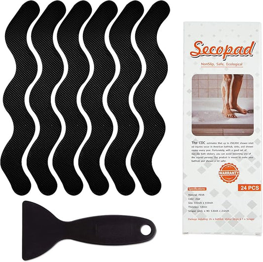 Anti Slip Shower Stickers, Adhesive Decals Safety Strips Scraper for Bath Tub, Shower, Stairs, 24 Pieces (Black)