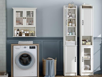 71" H Tall Bathroom Storage Cabinet, Narrow Bathroom Cabinet with Glass Door Slim Cabinet with Adjustable Shelf Skinny Linen Tower Thin Linen Storage for Small Space, Cream White