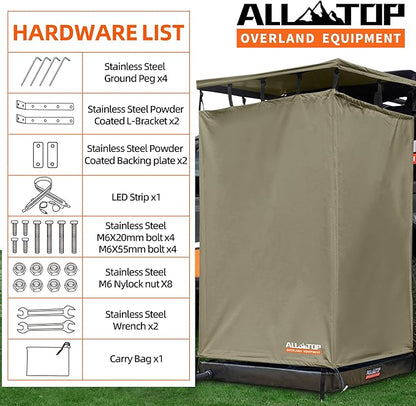ALL-TOP Awning Shower Room w/Foldable Floor Mat, 3.3ft x 3.3ft, Privacy Shelter Restroom w/Roof, LED Light, Drain Pipe, Carside Bathroom