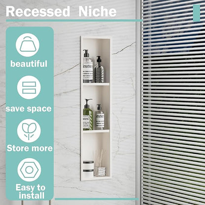 Narrow Shower Niche with Shelf，Stainless Steel recessed Wall Niche ，Three-Tier Shelves with Bathroom Storage/Remodel， Matte White （ 8"x 36"）