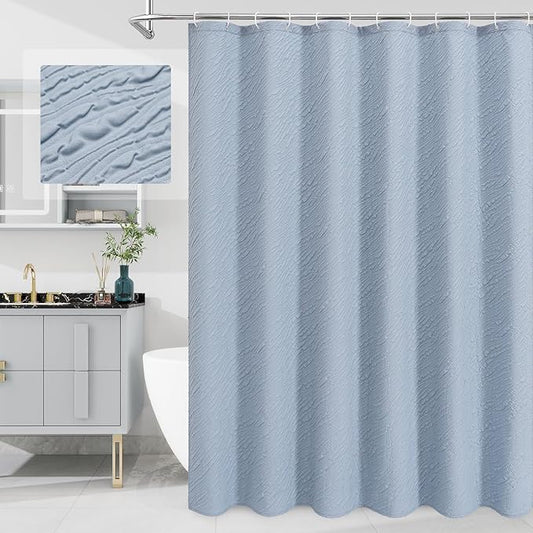MitoVilla Fog Blue Shower Curtain, Farmhouse Waves Fabric Shower Curtains for Modern Hotel Bathroom Decor, 3D Geometric Embossed Textured, Waterproof & Wrinkle Resistant, 72 x 72