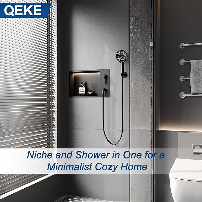 Shower Niche with Round Hand Shower, and LED Light in Matte Black/Horizontal