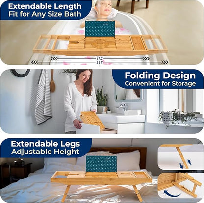 SereneLife 2 in 1 Bed and Bath Tray - Foldable Bamboo Bathtub Caddy with Adjustable Length, Non-Slip, Device Holder, Wine Glass Slot, Expandable for Comfortable Bathing (Folding, Soft Back, Gift Set)