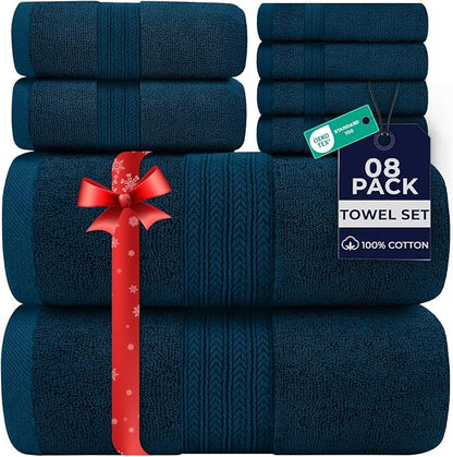 DAN RIVER 8 PC Luxury Bath Towels for Bathroom, 2 Bath, 2 Hand, and 4 Wash Cloths, 600 GSM 100% Ring Spun Cotton Towel Set, Highly Absorbent, Gym, Hotel, and Spa, Blue Opal