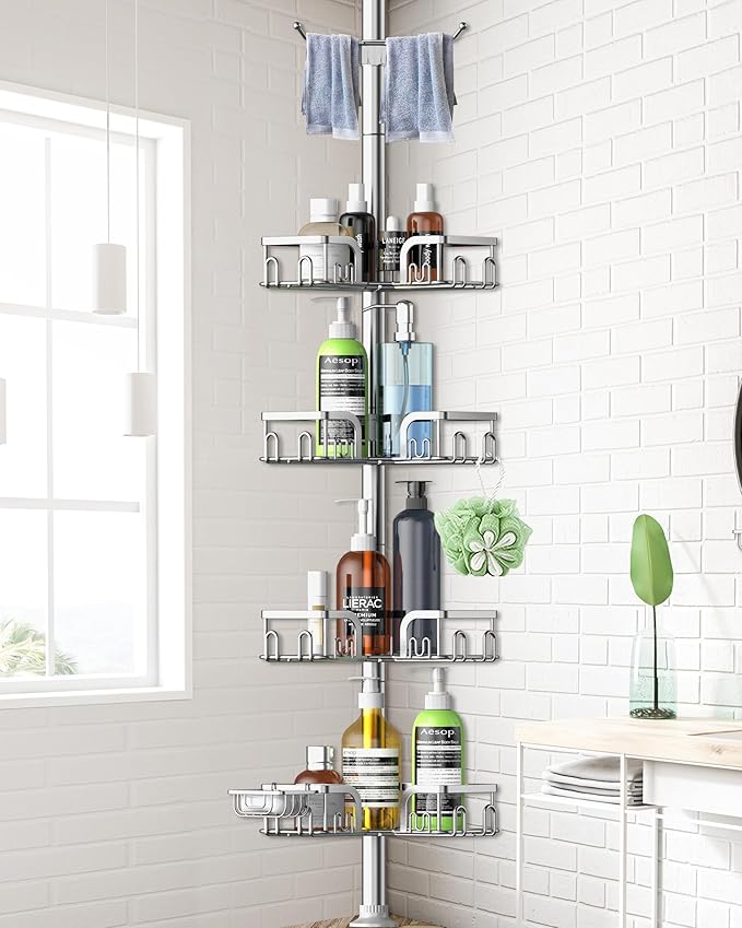Corner Shower Caddy Tension Pole,39-113 inch Adjustable Rustproof Floor Standing Shower Organizer Shelf with 4 Basket for Bathtub,Inside Shower Shampoo Storage Silver