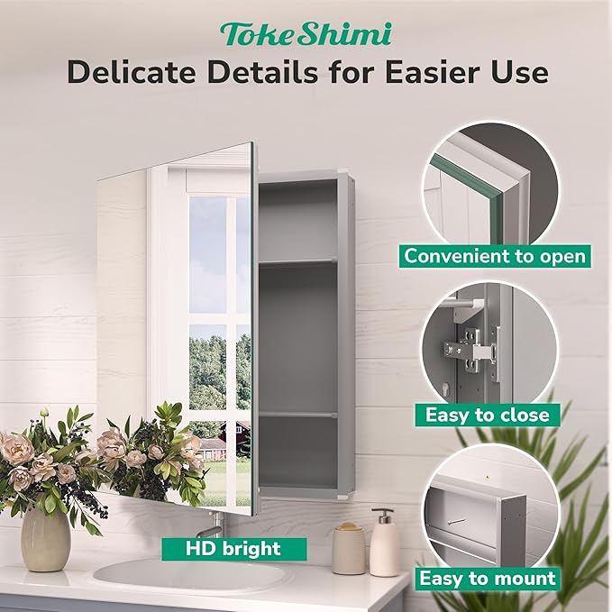 TokeShimi 48x24 Bathroom Medicine Cabinet with Mirror Tempered, Aluminum Silver Mirrored Medicine Cabinet Recessed or Surface Mount with Adjustable Storage Metal for Modern Farmhouse