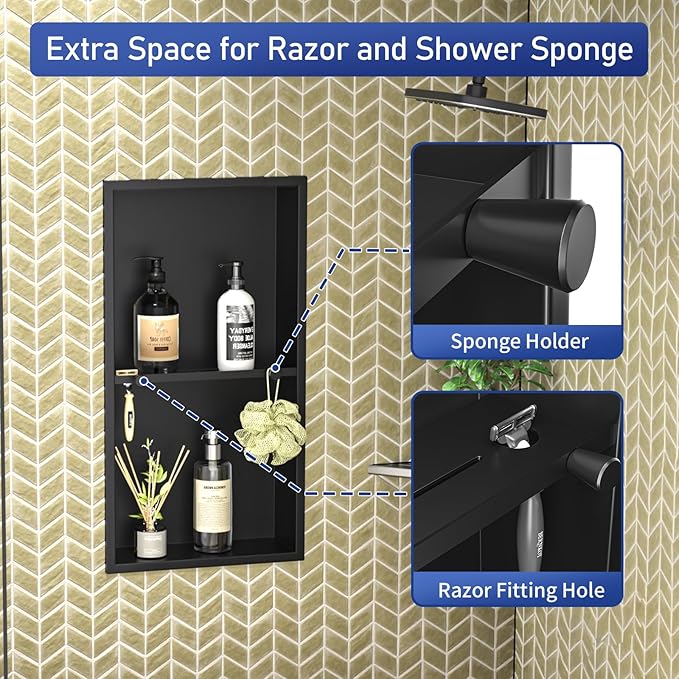 Stainless Steel Shower Niche w/Hooks, Wall Vertical Niche Without Tiling, Recessed Shower Shelf for Bathroom Storage, Over-Mount Installation (Black, 12'' x 24'')
