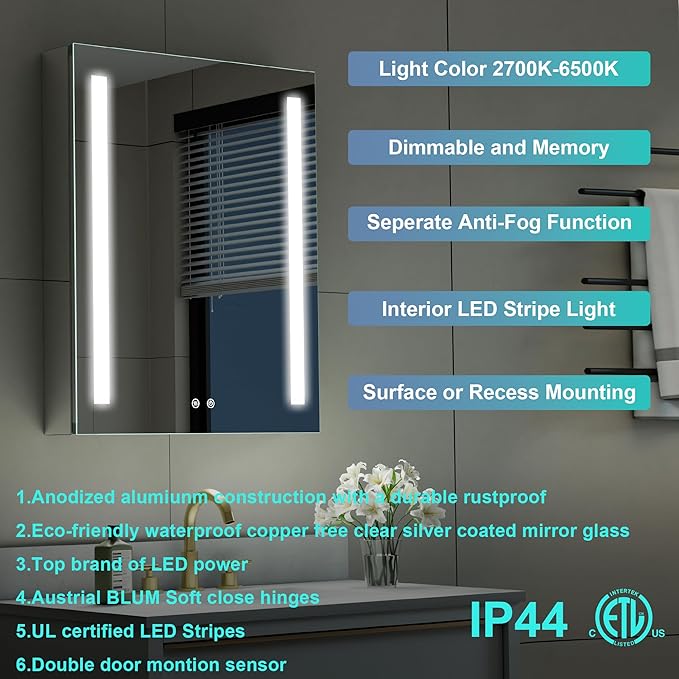 WELLFOR 24" X 30" LED Medicine Cabinet with Mirror, Single Left Opening Door, Recessed or Surface Cabinet Mirror, Bathroom Mirror Cabinet, Medicine Cabinet with Lights with Outlets & USB Ports