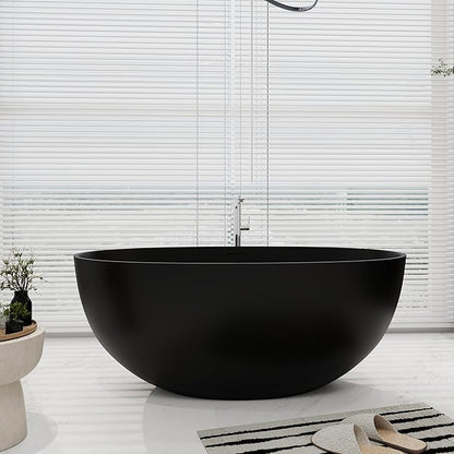 SJ STAR&JANE 55" Solid Surface Freestanding Bathtub, Stone Resin Oval Soaking Tub Matte Black Stand Alone Tub with Overflow and Pop-up Drain for Bathroom