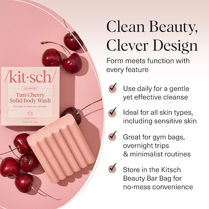 Kitsch Cleansing Tart Cherry Soap Bar with Refreshing Scent - Eco-Friendly Body Wash Women Love - Cherry Solid Bar Soap for Daily Use - Silicone, Sulfate and Paraben Free, Made in USA - 4oz