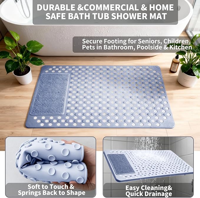 Bath Tub Shower Mat with Soft Shower Foot Scrubber Mat for Massage,Non Slip Bathtub Mat with Strong Suction Cups, Silicone Shower Foot Scrubber Mat (Dusty Blue, 31.5" X 19.7"(Rectangular))
