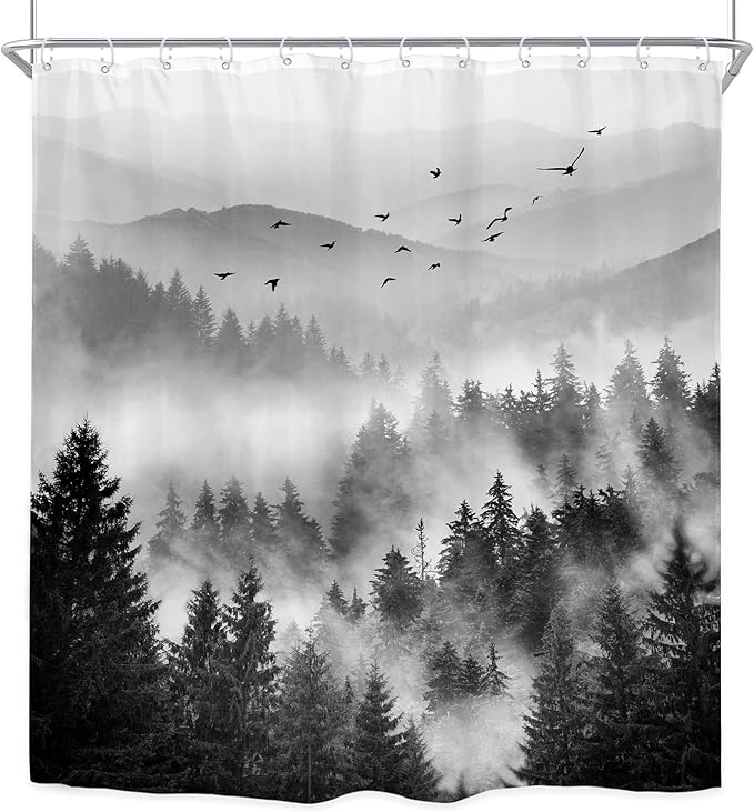 Riyidecor Extra Long Black and White Shower Curtain 72Wx78H Inch Foggy Scene Alpine Tree Misty Mountain View Pine Wood Nature Natural Botanical Bathroom Decor Fabric Polyester Waterproof 12 Pack Hooks