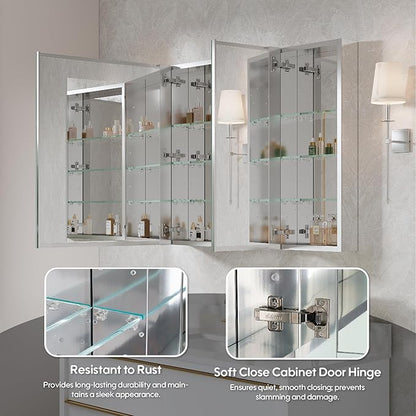 WELLFOR 36" x 30" Rectangle Medicine Cabinet Mirror, Surface Mount or Recessed Medicine Cabinet with Tempered Mirror, Anodized Chrome Aluminum Frame, Bathroom Mirror with Storage