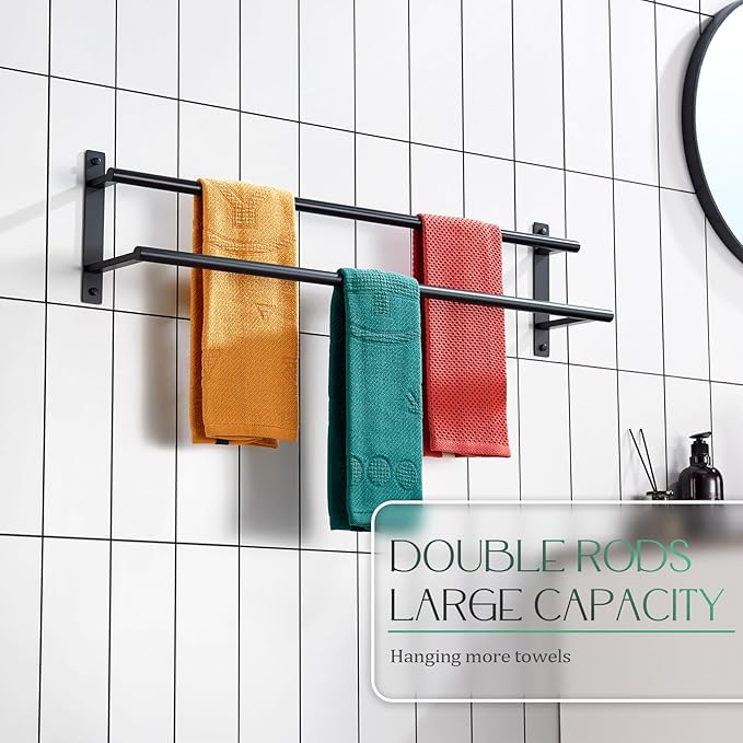 KOKOSIRI 32 Inch Double Towel Bar Bath Towel Racks Bathroom Towel Holder Towel Storage Towel Shelf Wall Mounted Stainless Steel Matte Black B5010BK-L32