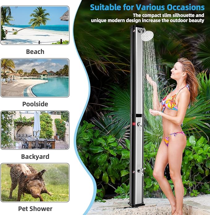 Giantex 7.2 FT 10 Gallon 2-Section Solar-Heated Outdoor Shower, Pool Shower W/Free-Rotating Shower Head, Foot Tap Spigot, Faucet, Temperature and Pressure Adjustment for Backyard, Garden, Beach Spa