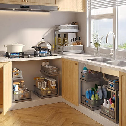 1-Pack Under Sink Storage Organizer with 2-Tier Slide Out Drawer, Sophisticated Mesh Pull Out Shelf for Kitchen & Bathroom, Fits Small Items, Upgraded Arched Track for Smooth Gliding-Gun Gray