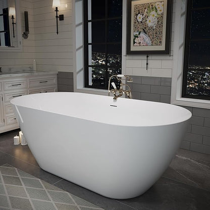 ABRUZZO 60" Acrylic Freestanding Bathtub - Oval Deep Soak Tub, Center Drain & Overflow, cUPC Certified Glossy White