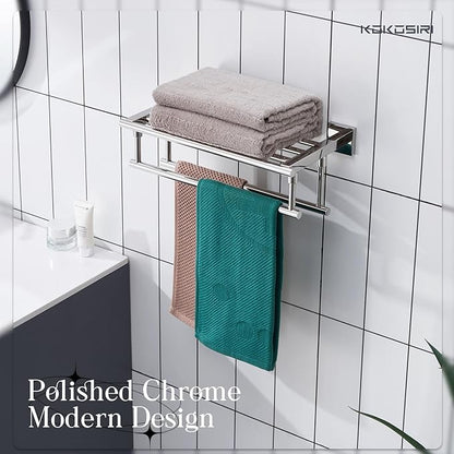 KOKOSIRI Bathroom Towel Rack Towel Holder 16 Inch Bath Towel Shelf with Double Towel Bars Wall Mounted, Polished Chrome Stainless Steel B6005CH-L16