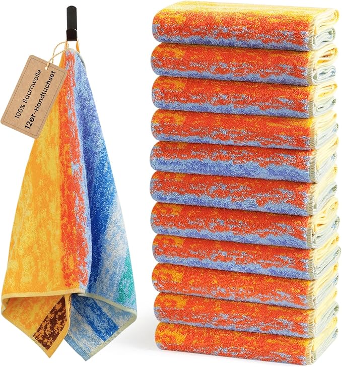 SEMAXE 12 Pack Hand Towels for Bathroom, 100% Cotton Towels with Hanging Loops, Soft & Highly Absorbent, Hand Towel Set for Gym, Shower, Hotel, Spa and Kitchen, Colorful Towel - Wheat Field Collection