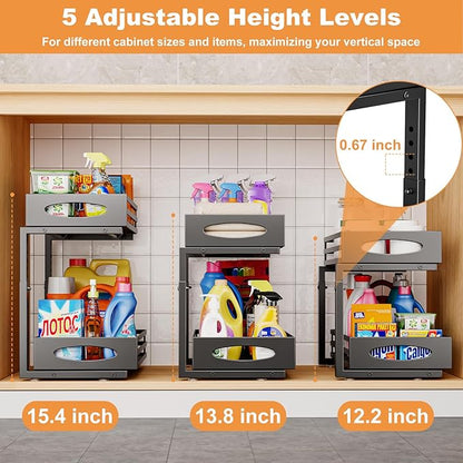 Under Sink Organizer, 2 Tier Under Sink Organizers and Storage, Adjustable Height, Slide out Metal Cabinet Organizers, Pull out Cabinet Storage Drawer Shelf for Kitchen Bathroom