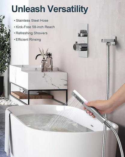 Thermostatic Shower System, Dual Rainfall Shower Heads for Ceilling & Wall Mounted with Handheld Sprayer, Chrome