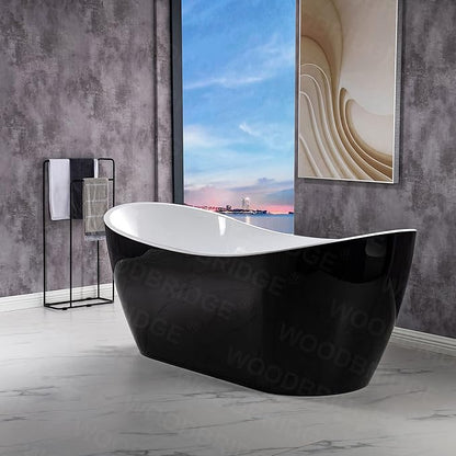 WOODBRIDGE 71" Acrylic Freestanding Bathtub Contemporary Soaking Black Tub with Brushed Nickel Overflow and Drain,Black,B1817-BN